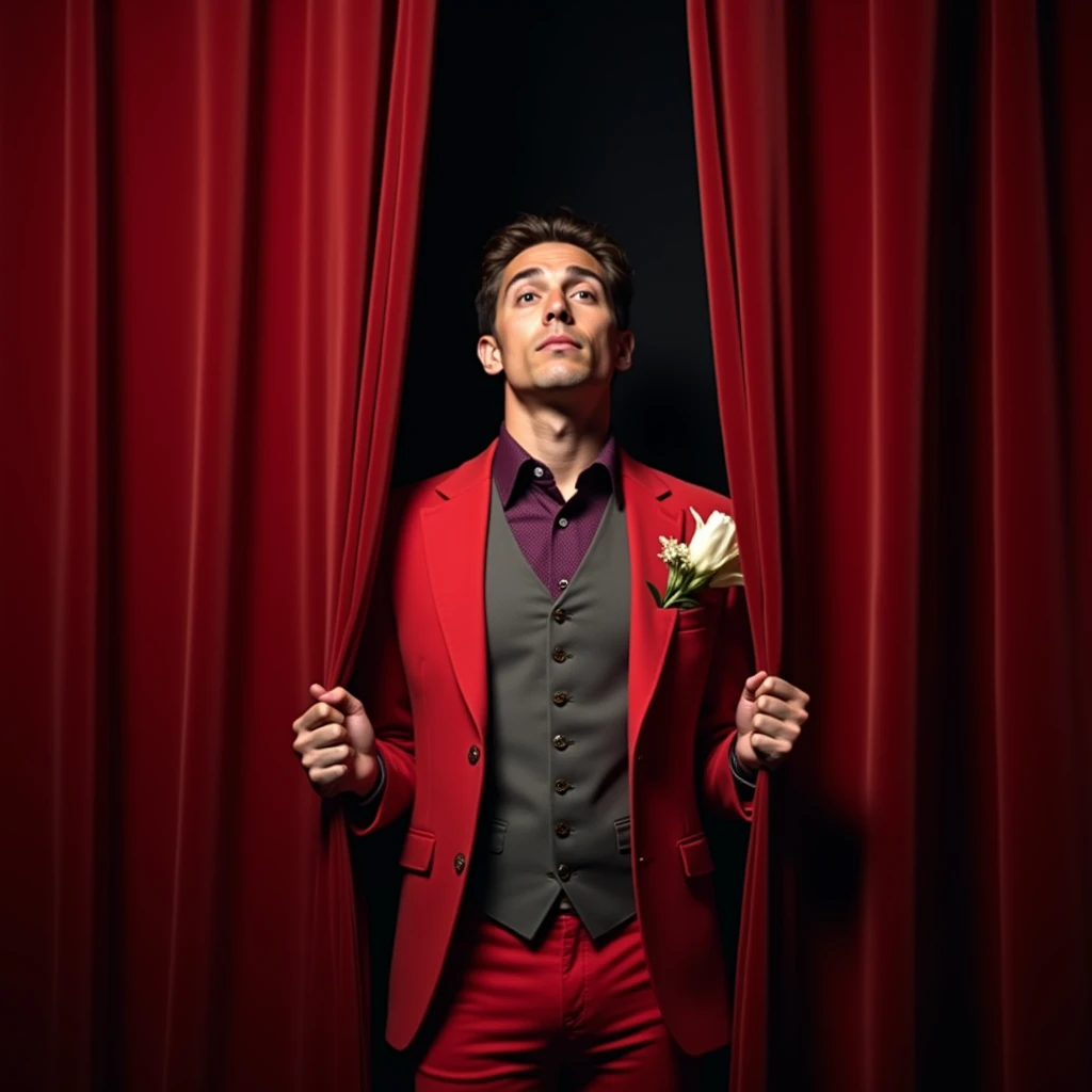 30 year old young man,  LIGHT BROWN HAIR GREEN EYES , Dressed in red suit/  RED SUIT WITH GOLD DETAILS ) (grey vest,  purple shirt ) ( DIEGO DE LA VEGA MEXICO STYLE OR BULLFIGHTER TYPE ) ( OPENING THEATER CURTAIN )) limelight, HANDS OPENING THE CURTAIN ,  ...