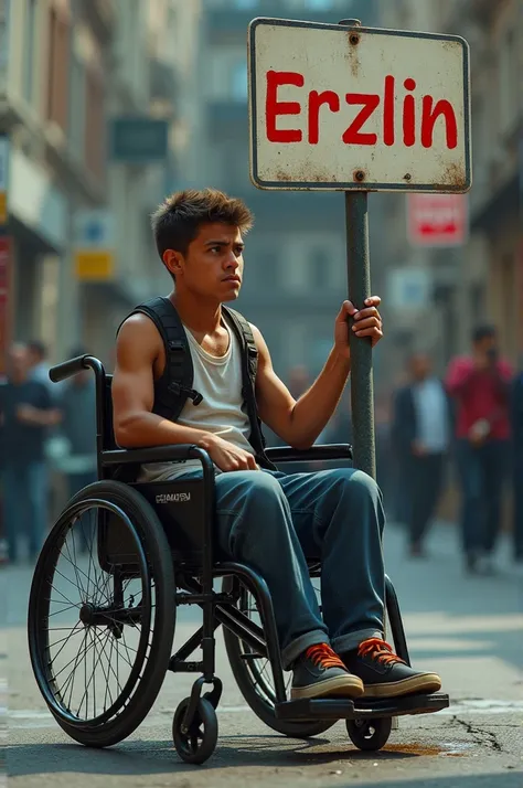 A young man in a wheelchair urinates on a sign that says "Erzin" 