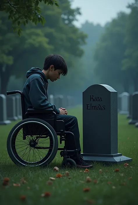 A young man in a wheelchair cries at a cemetery, the words "kara elmas" are written on the grave 