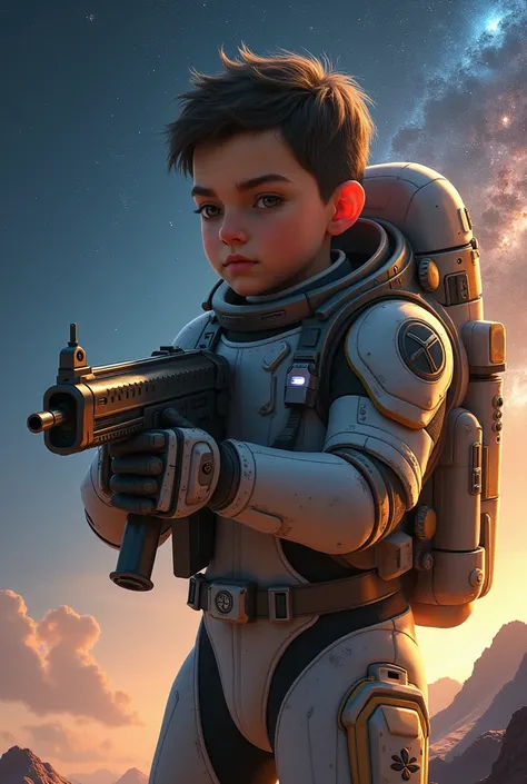 Person with Down syndrome in space, with a gun