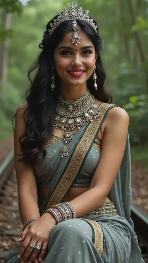 Hot and beautiful girl with saree and heavy jewellery with  diamond crown full body jewellery face 2 white g with grey saree light red lipstick with black bindi heldi face she in the forest sitting on the top of train  cheeks and lovely smile hot figure