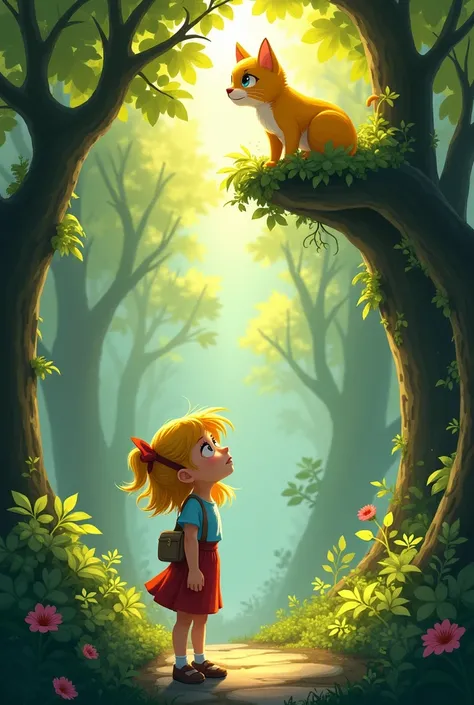  Alice looks up at the yellow cat crouching in the treetops，The background is the Triangle Trail 