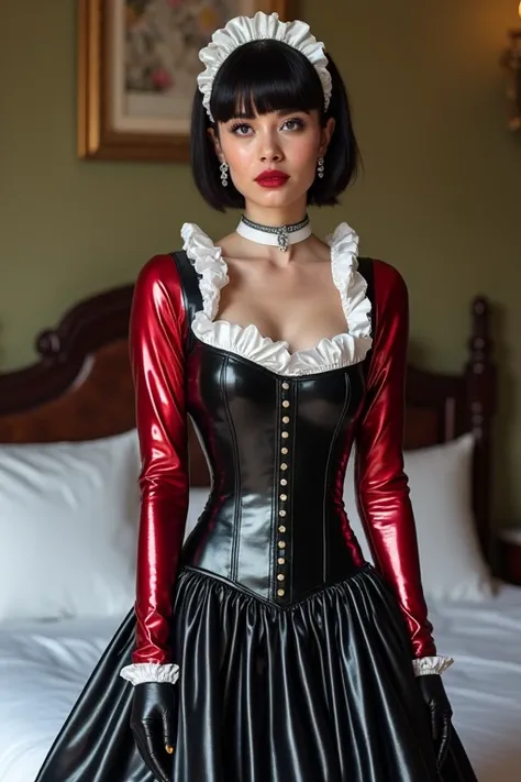 front view, whole body shot, white corset, (masterpiece,Highest quality,Ultra-high resolution),european women, Bob hair with bangs、white Maids headband、(((Very beautiful 25 year old european  girl))),(Metallic red long sleeve latex maid outfit)、((Metallic ...