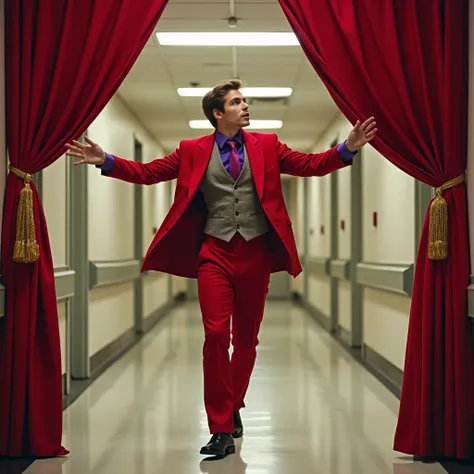 30 year old young man,  LIGHT BROWN HAIR GREEN EYES , Dressed in red suit/  RED SUIT WITH GOLD DETAILS ) (grey vest,  purple shirt ) ( DIEGO DE LA VEGA MEXICO STYLE OR BULLFIGHTER TYPE ) ( THEATER CURTAIN AT THE BOTTOM OF A LONG, WHITE HOSPITAL-LIKE CORRID...