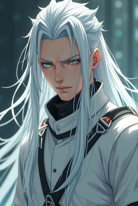 Anime man with long white hair and braid, wearing lacco technology, wearing a white prisoner costume