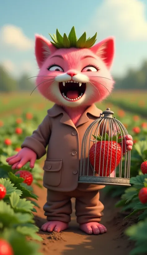 In cinematic 3D style, HD image, realistic image, colourful image. Character,A strawberry-themed cat with pink fur textured like strawberry seeds, a green leaf crown on its head. character, 30 year young man farmer and lightly beard wearing brown shirt and...