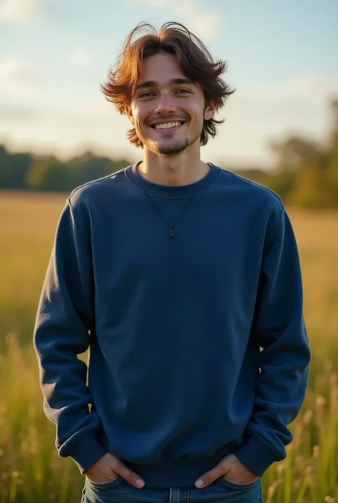  photorealistic , A twenty-year-old young man stands in a meadow. He has chin-length brown hair and brown eyes. he has no beard. He smiles .  He is wearing a blue sweater . He is wearing jeans .  full body view,  photorealistic e Augen,  photorealistic . 