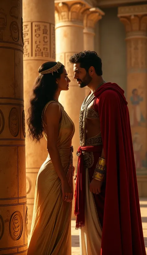 Cleopatra and Julius Caesar, standing side by side, both in formal attire with Caesar’s red cape and Cleopatra’s tight golden dress shimmering under torchlight, exchanging a knowing glance inside the grand hall of the Pharaohs, with large pillars etched wi...