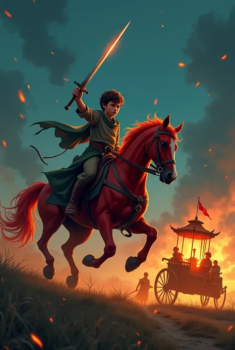 "The boy charges on his red horse, his sword raised high, slicing through the night air. Robbers scatter before him, their torches falling to the ground. The palanquin glows softly in the distance, a beacon of safety for his mother."