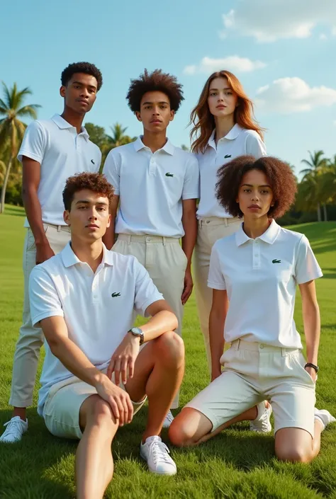 Génere moi des personnes qui sont sur le terrain en portant des lacoste et des t-shirt blanc pour faire une campagne publicitaire 