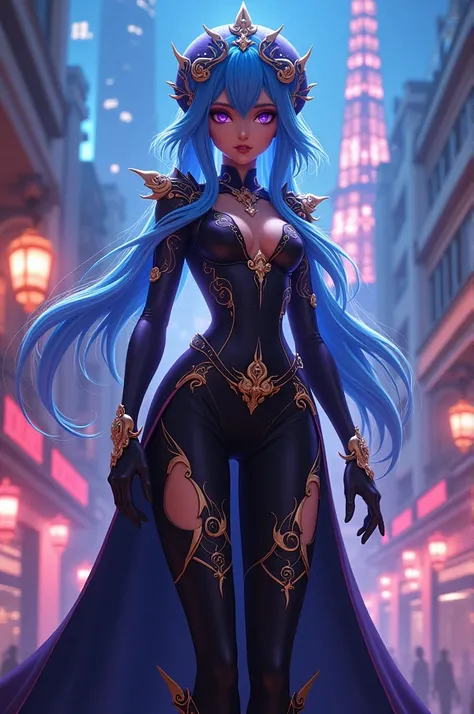 image of Furina de Fontaine, keeping her original outfit from Genshin Impact, placed in a vibrant, slightly futuristic Paris setting in Miraculous Ladybug: Tales of Ladybug and Chat Noir.