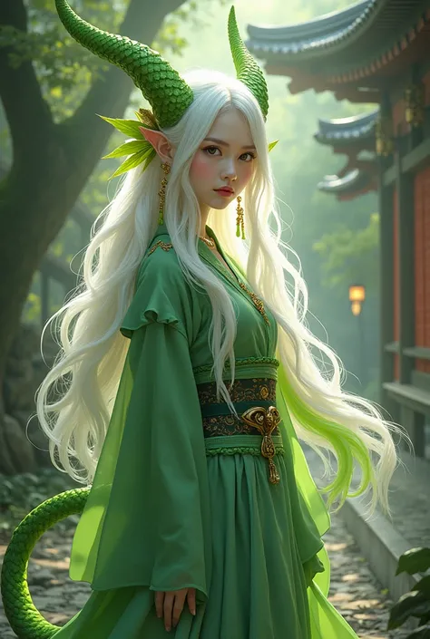 Girl with dragon horns, wings and tail
Long white hair with lime strands. 
Traditional Japanese costume
Many elements of green