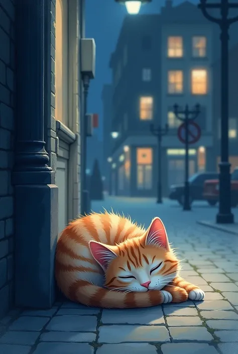 Watercolor style background is a cat sleeping in a corner of the city at night