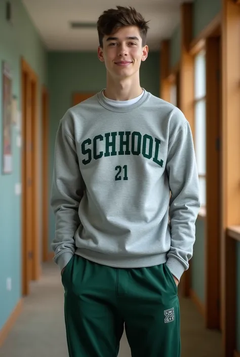 American dormitoy teen male uniform. A plain heather gray sweatshirt with the school name and logo printed in dark green. A simple white T-shirt is worn underneath. Comfortable, forest green athletic pants with a small school emblem near the left pocket. W...