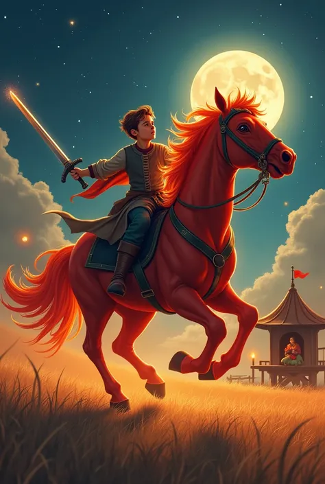 Create an image of a brave young boy riding a fiery red horse, fighting off a group of robbers with his gleaming sword. The setting is a vast open field under a starry night, with the boys mother watching anxiously from a nearby palanquin. Include dramatic...