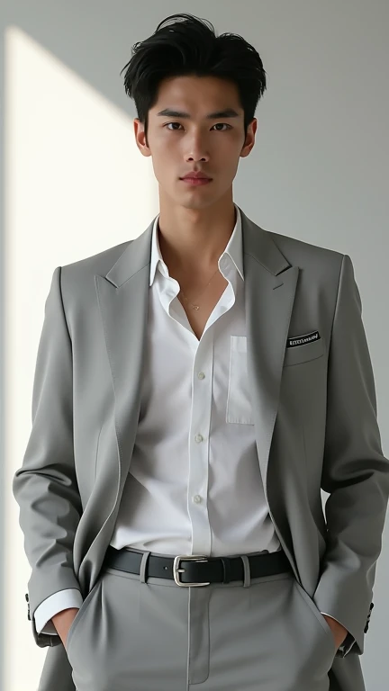 (Photorealism:1.2), handsome japanese man, 20-29 year-old, fashion model, fashion show, Calvin Klein style outfit, close up