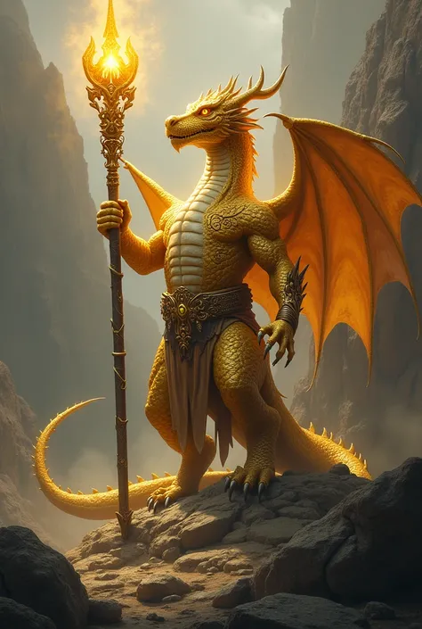 Picture a powerful dragon warrior, its scales shimmering like gold. The dragons eyes glow with wisdom, and it wields a long staff, symbolizing ancient knowledge and strength.