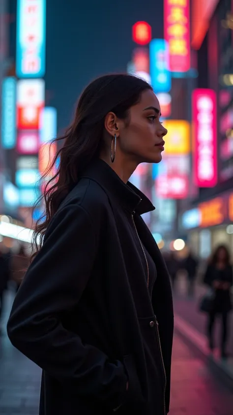 A confident young woman walks through a modern city, enveloped by the glow of neon lights. Her elegant silhouette stands out against the futuristic backdrop, exuding a sense of purpose and determination. The scene is captured in a striking photograph, high...