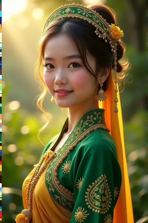 A beautiful girl wears green minang braces,kain songket kuning dan sunting minang