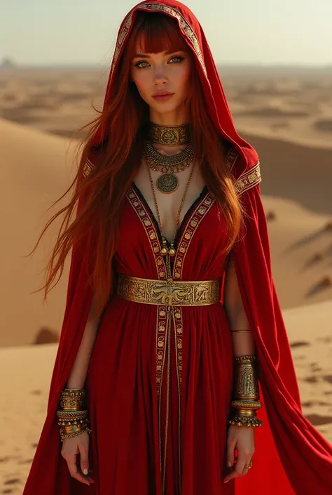 Beautiful woman, Egypt Red Riding Hood,(god of Egypt) red cape,golden jewelry, hieroglyphic pattern,cotton sexy dress,golden threads,bracelets, necklaces, sandals,desert, mysticism,Green Eyes, long hair, egypt eyeliner, big Breasts, Red coat with hood(Stra...