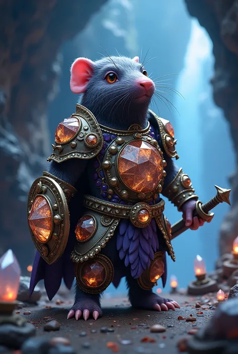 star-nosed mole wearing armor made of gemstones, holding a tiny sword and shield, standing in a mystical cave with glowing crystals.