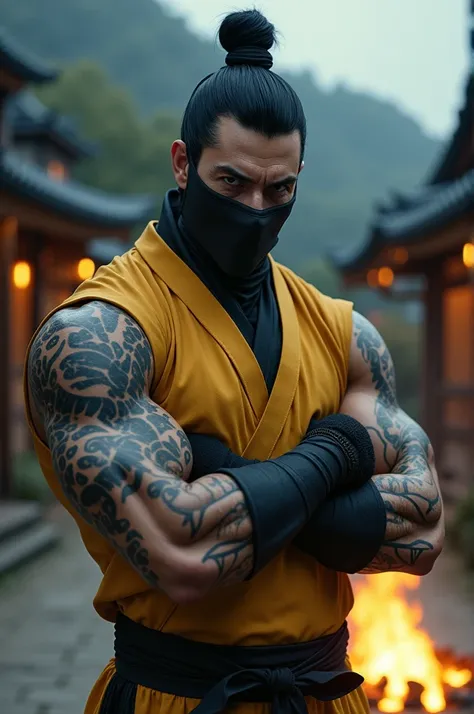 mkscorpion,man,black hair, single hair bun, mask, sleeveless, yellow japanese clothes, fingerless gloves, looking at viewer, serious, standing, upper body shot, arms crossed, outside, temple, fire pit, warm ambiance, dusk, high quality, masterpiece, 