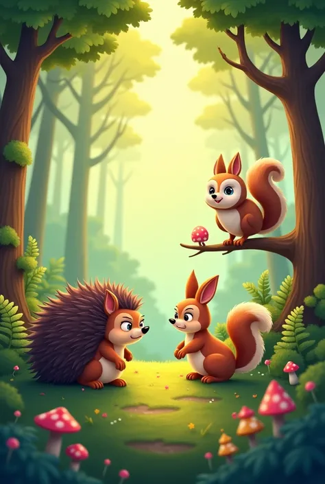 Draw me a picture with a hedgehog, a worried squirrel, an owl and a rabbit in the forest animated for preescool 