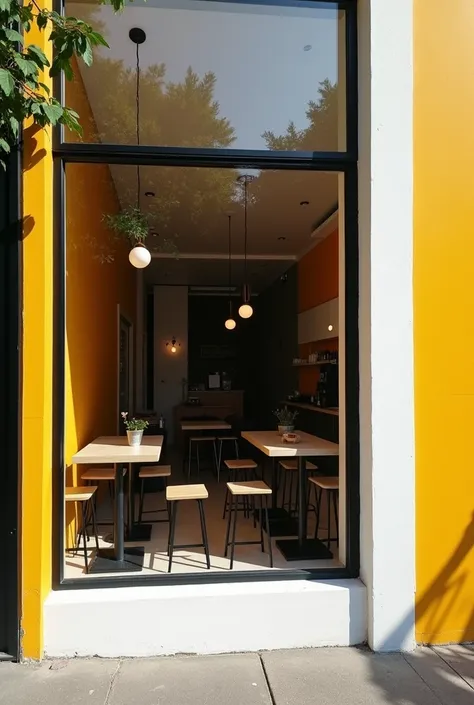 I need to design a window shopper for a square cafe with 3 color tones: white, black, yellow. I want white as the main color, and black and yellow as parallel borders to highlight the shop. The cafe has a cool, hiphop style. Remember its a window shopper, ...