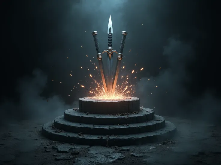  dark background, pedestal, Daggers alone,  sparks around it.