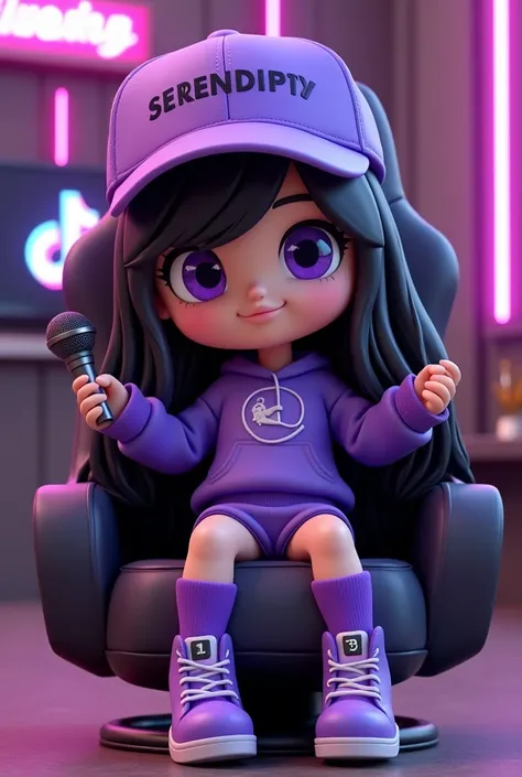 3D rendering of a chibi-style woman with long, wavy black hair. She is dressed in a very sexy purple outfit, including a cap that says "SERENDIPITY" in purple. The woman is sitting in a gaming chair and showing off her outfit, which includes a sweatshirt w...