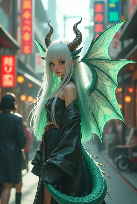 A cute girl with dragon wings, horns and a tail. White long hair with green strands. Amber eyes. Japanese style street clothes