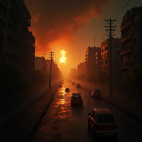 A city, a dream, the bible, The end of the world,  and the city is on fire ,  you can see firefighters but they cant put out any flames , la ciudad sigue incendiándose porque es The end of the world. Make it realistic , super, super,  super realism . 