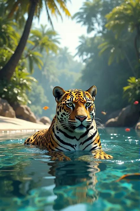  A jaguar bathing in a clean, crystal clear river with fish in the background with white sand, a rainforest with tall trees , coconut trees and ferns , clear and sunny day ,  birds singing  
