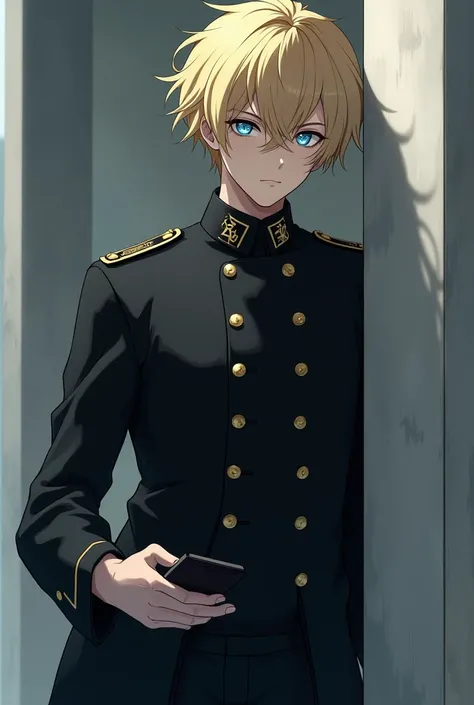 Anime boyfriend with blonde elegant hair, severe light blue eyes, black nazi uniform. He is leaning agaist the wall holding his cellphone and looking at you seriously. The atmosphere is romantic