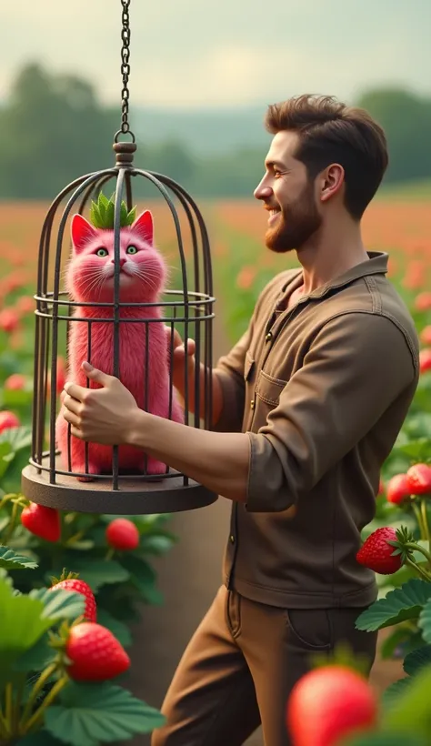 In cinematic 3D style, HD image, realistic image, colourful image. 
Character,A strawberry-themed cat with pink fur textured like strawberry seeds, a green leaf crown on its head.
character, 30 year young man farmer and lightly beard wearing brown shirt an...