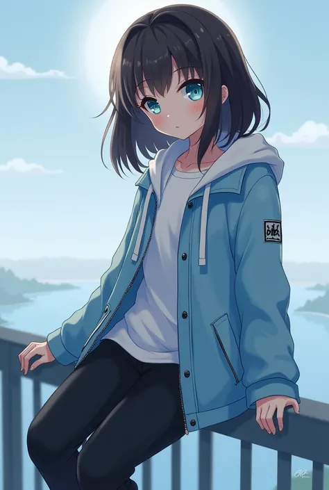  you can make an 18-year-old girl ,  white skin ,  dark brown hair ,  waist length,  sky blue eyes, white flannel, light blue jacket,  black pants ,That she is sitting on the railing of a bridge, anime style  