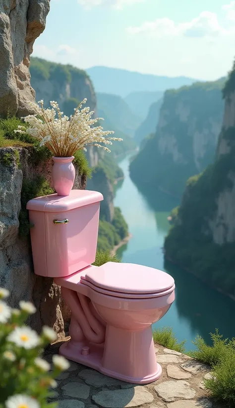  A panoramic photo very beautiful ultra realistic cliff perfect masterpiece ,  close to beautiful hills .  On the cliff there is a beautiful light pink toilet ,  with a pink plush seat the vase hangs on branches of white wild flowers ,  under the cliff the...