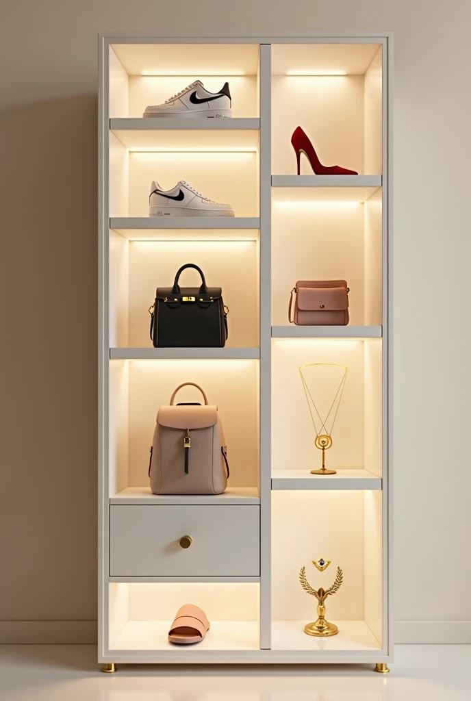 
"Design a modern white wardrobe with golden edges, featuring 8 evenly spaced shelves arranged vertically. Each shelf displays a different women’s fashion item:
• Top shelf: A red women’s high-heeled shoe with a classic design.
• Second shelf: Nike Air for...