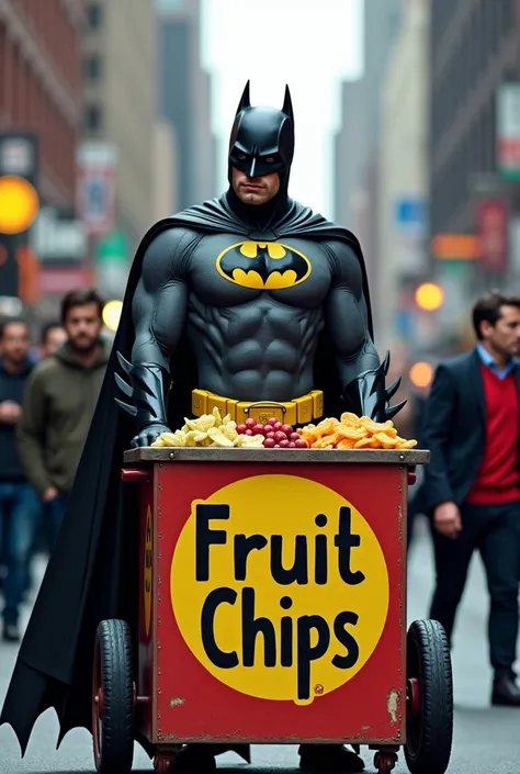 Batman sells fruit chips on the side of the road, on the cart there is an inscription selling fruit chips, people buying 