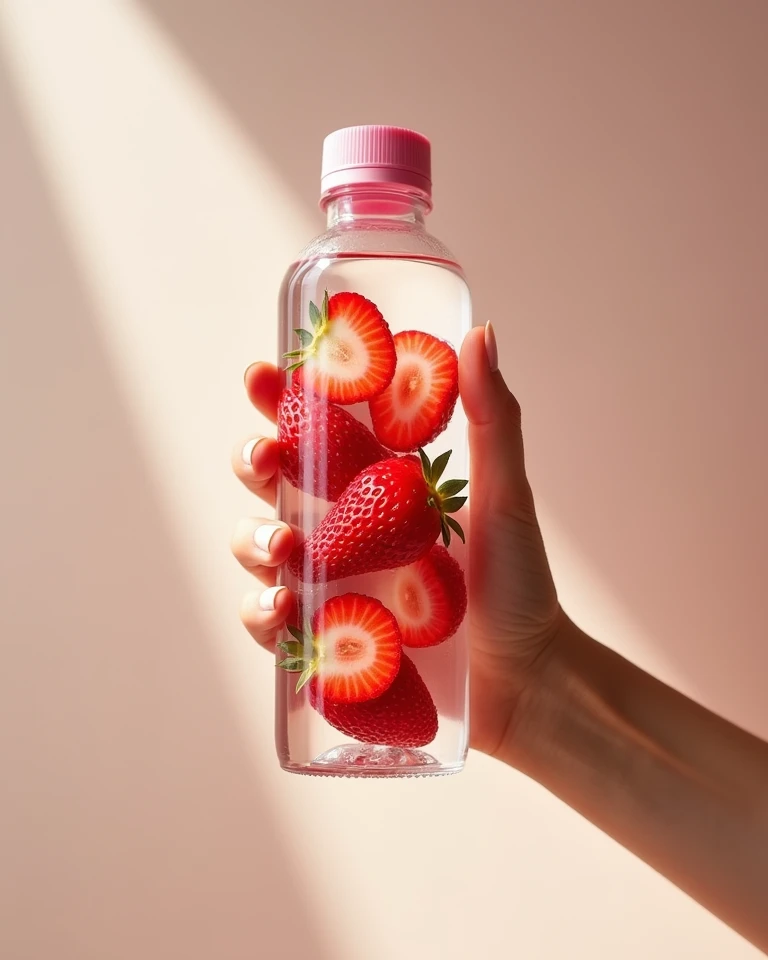 Aesthetic close-up of a hand holding a clear water bottle infused with fresh strawberry slices. The bottle features a pink cap, complementing the soft, natural lighting in the neutral background. The hand, with well-manicured natural nails, is gently tilte...