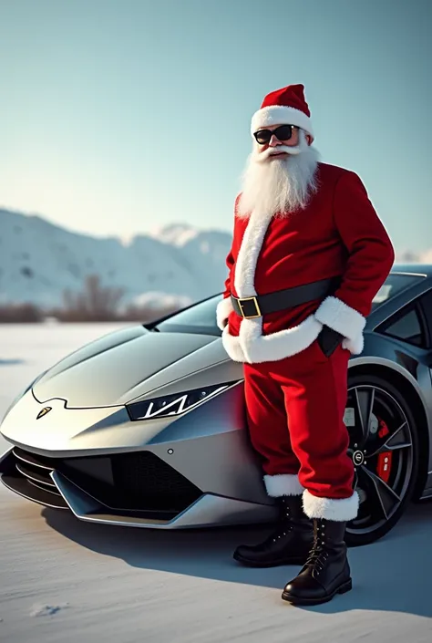 Santa Claus posing with a Lamborghini car with a stylish sun glasses