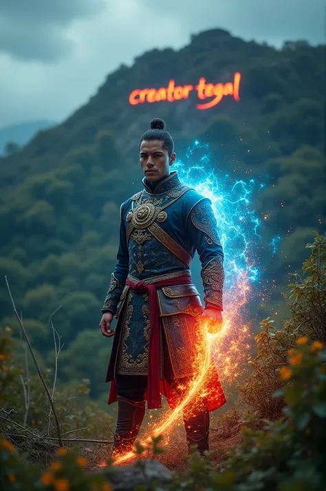  Handsome young man wearing a very strong warrior costume ,  emits an edek of color light , has magical power ,  there is a graffiti inscription of color  "creator tegal "  on a hill full of trees and wild foliage dark sky medium light,  generated photogra...