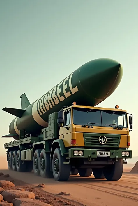 "Create an image of a large military truck carrying a massive ballistic missile. The missile must have Ababeel written on it in bold and display the Pakistan flag prominently. Ensure the truck and missile look realistic and powerful, with the missile as th...