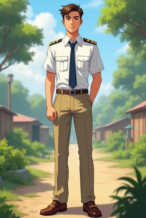 American military summer teen male uniform. A short-sleeved white button-up shirt with epaulets and a lightweight navy tie. Light khaki trousers. Polished brown loafers.