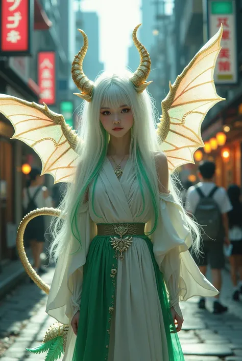 A cute girl with dragon wings, horns and a tail. White long hair with green strands. Amber eyes. Japanese style street clothes