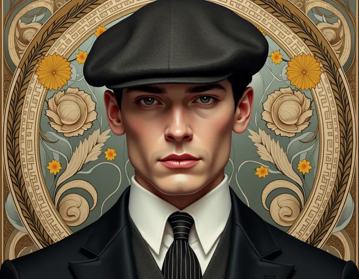  Hyperrealistic portrait of Cillian Murphy playing Thomas Shelby ,  character from Peaky Blinders ,  with an elegant and refined Art Nouveau style .  The portrait focuses on his face and upper torso .  He wears a classic flat cap  (flat beret )  in dark to...