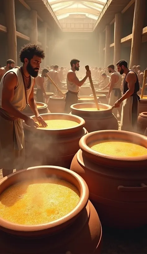 "A dynamic scene in ancient Mesopotamia. Characters in traditional attire are seen smashing grains with large wooden tools, stirring massive vats of beer, and steam rising dramatically. The environment is rustic and immersive, with clay pots, wooden beams,...