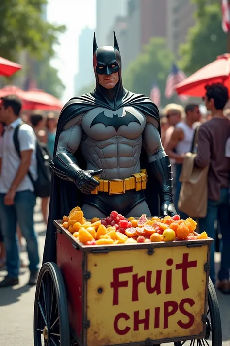 Batman sells fruit chips ,  in a cart written fruit chips,  and people buy fruit chips 