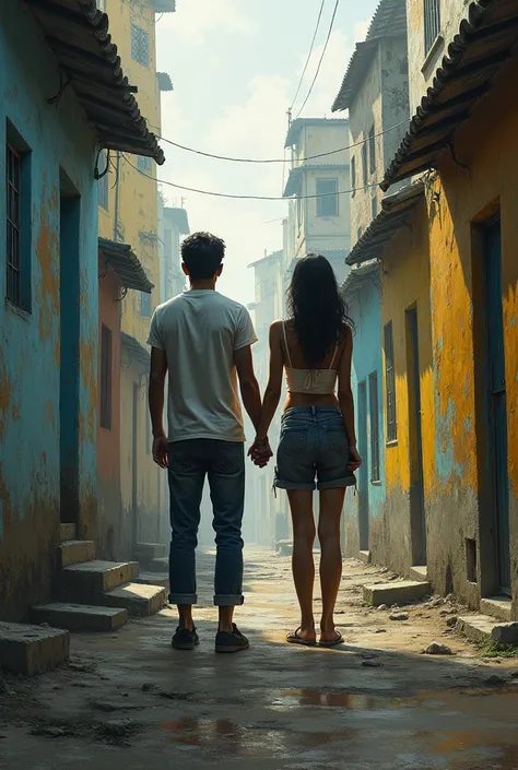 A couple with their backs to each other and with a favela background