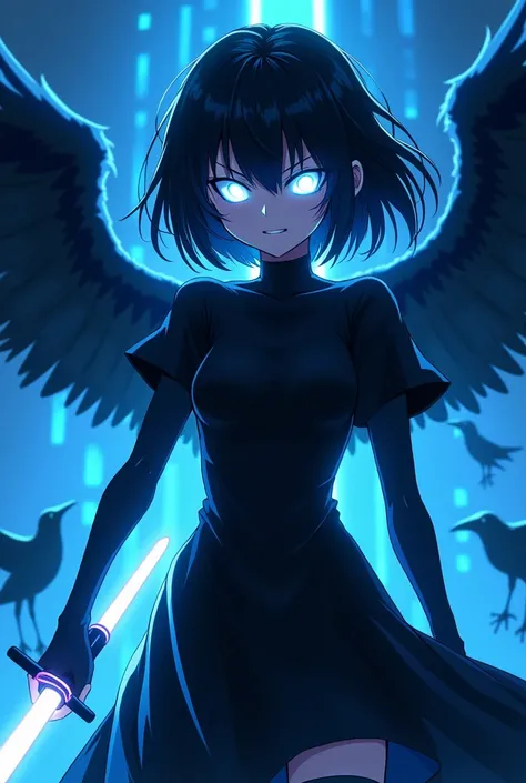 Anime girl and the body is fully black only eyes are glowing with white effects and blue background with lots of blues neon effects and black ravens besides her far distance view and her haire are flying She has an angry look and a neon blade 